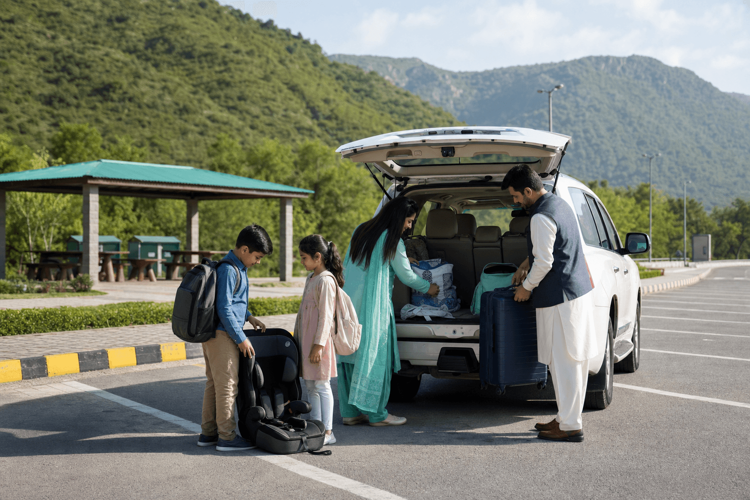 Family Taxi Travel with Children in Pakistan: Checklist illustrated with a private transport and travel scene in Pakistan