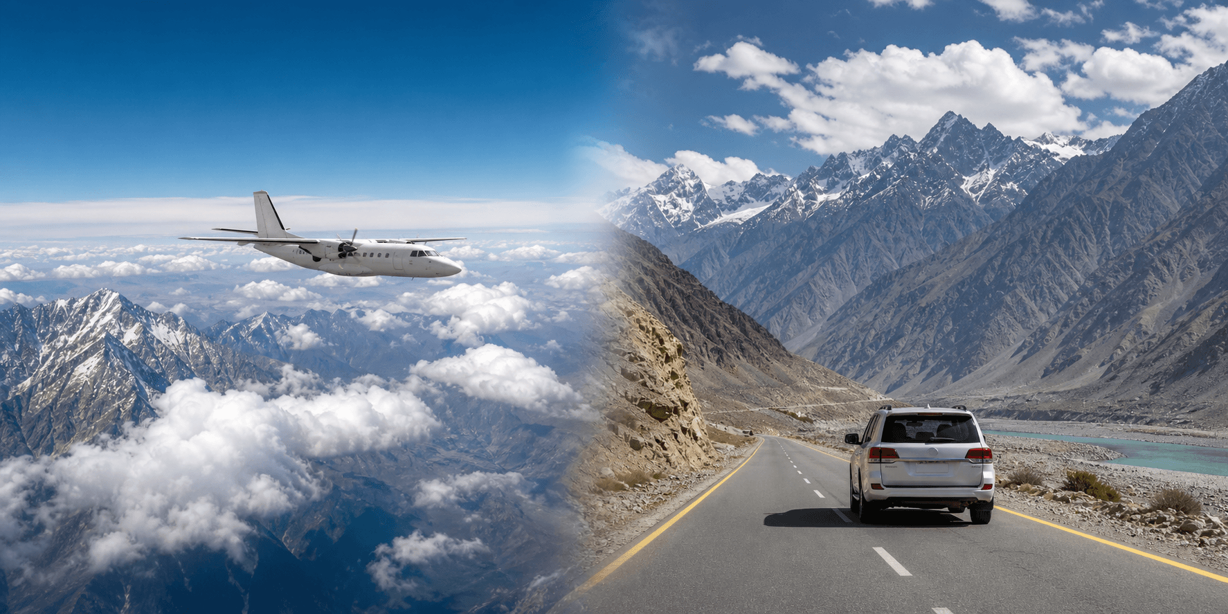 Islamabad to Skardu: Road vs Flight Comparison illustrated with a private transport and travel scene in Pakistan