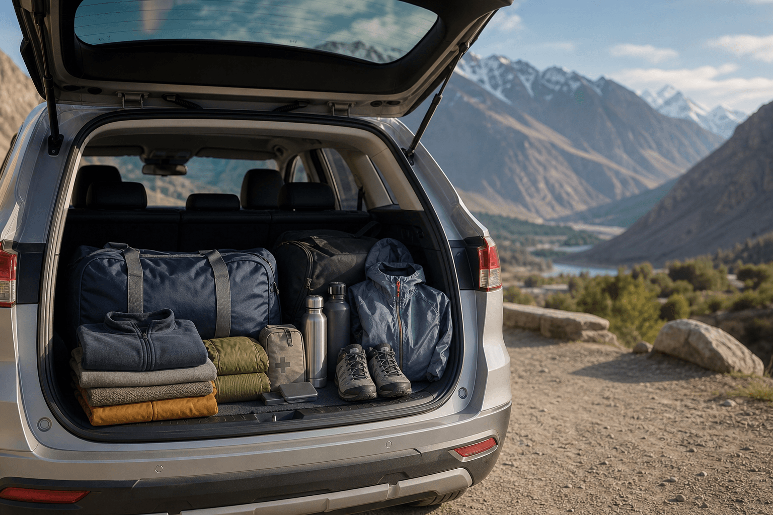 Northern Pakistan Road-Trip Packing List illustrated with a private transport and travel scene in Pakistan
