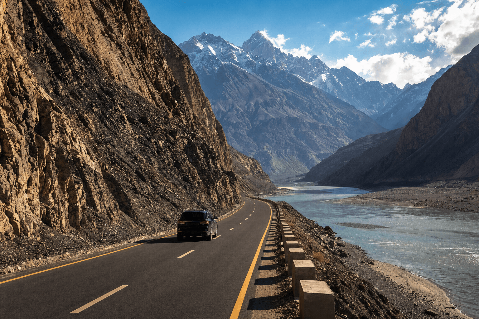 Karakoram Highway Road Trip: Planning from Islamabad illustrated with a private transport and travel scene in Pakistan
