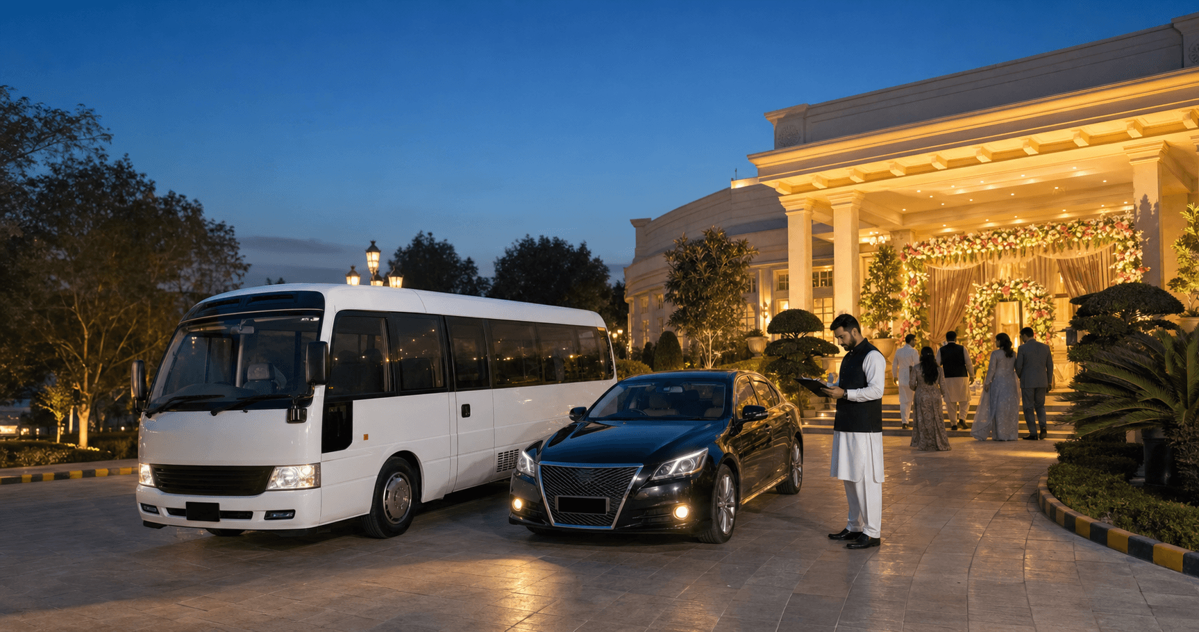 White guest minibus and dark executive sedan arranged outside an Islamabad wedding venue with a transport coordinator