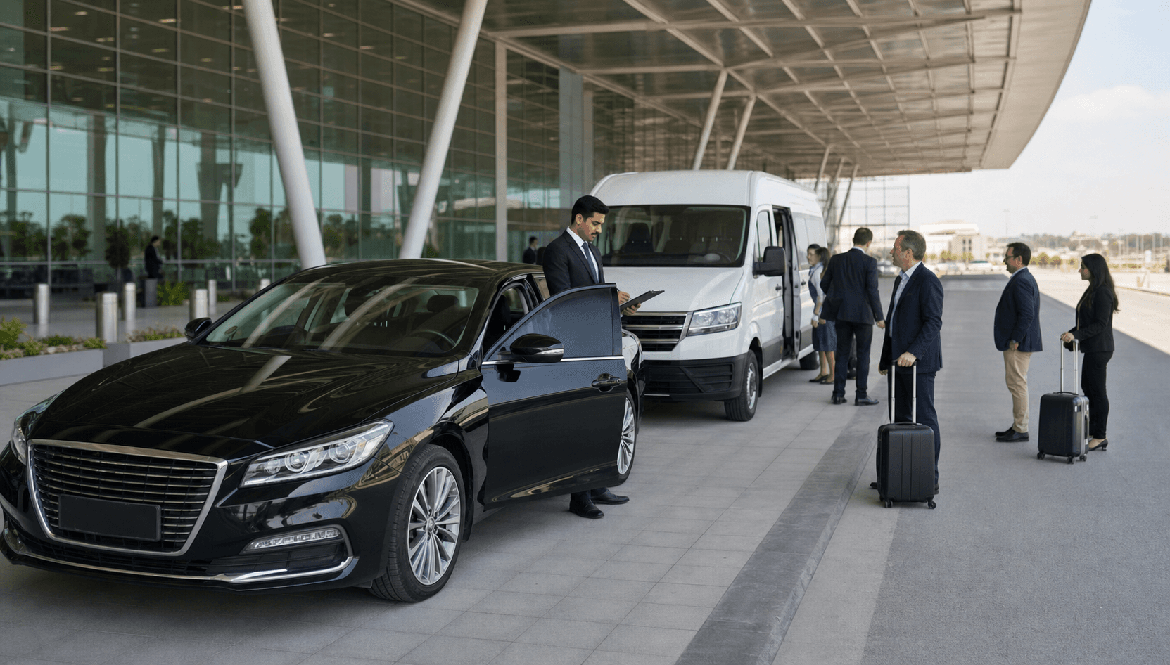 Corporate delegates beside a white passenger van and executive sedan at Islamabad International Airport