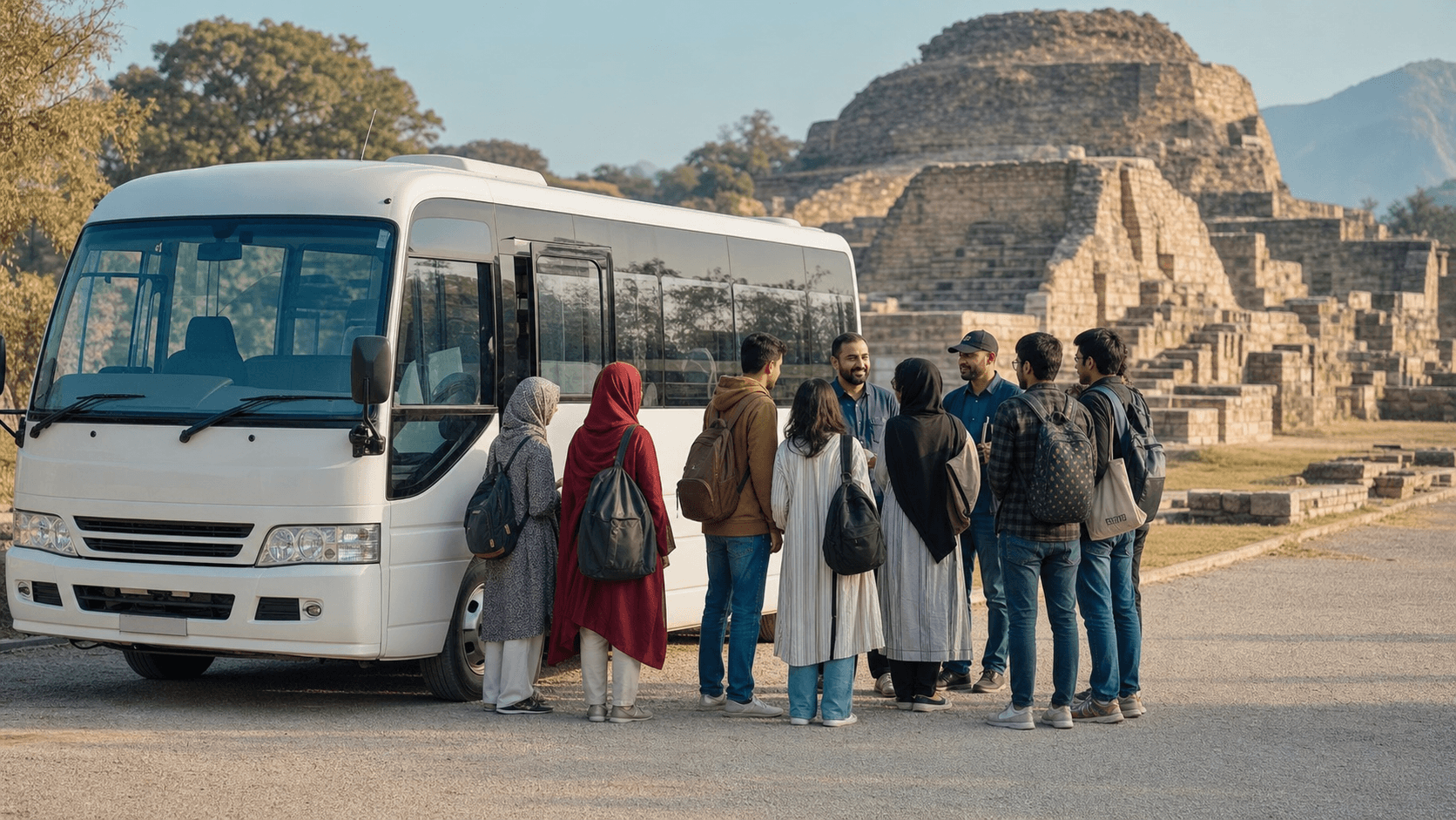 College students and supervisors assembling beside a white minibus near Taxila archaeological ruins