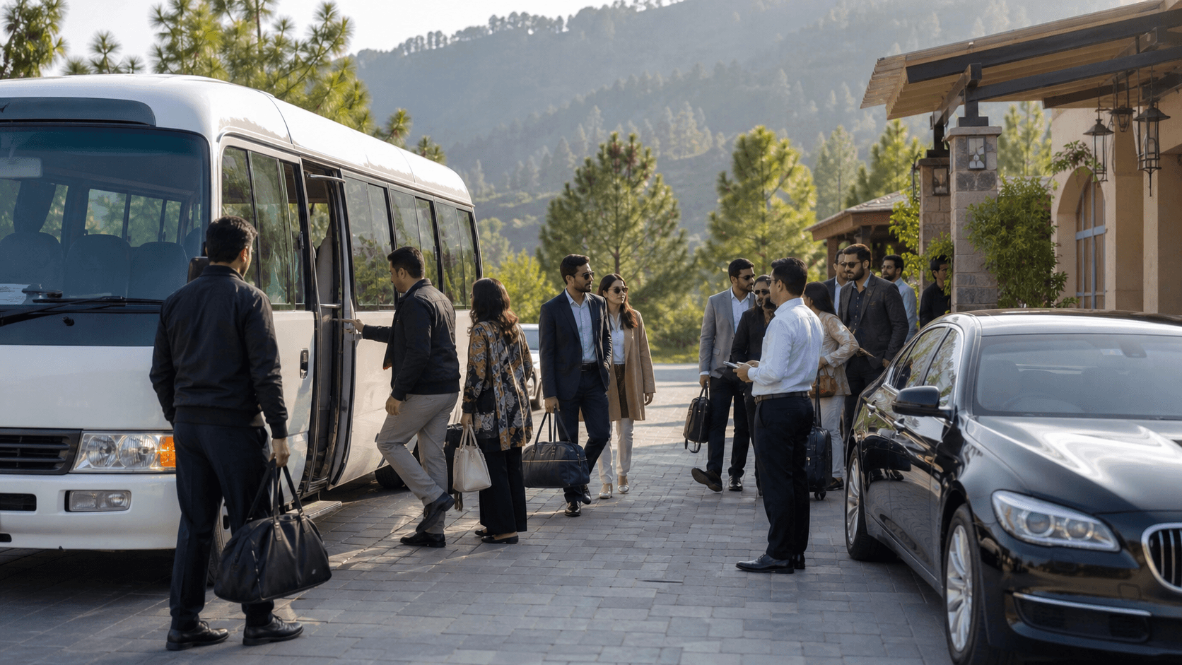 Corporate group arriving beside a white minibus and executive sedan at a Bhurban hillside resort