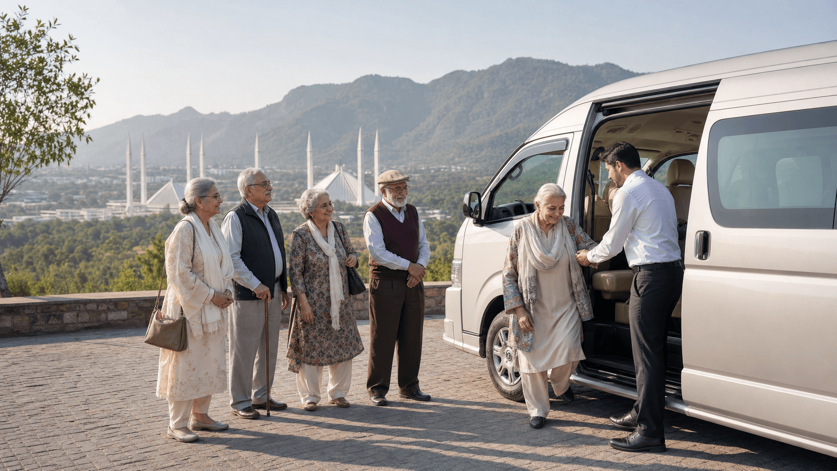 Older Pakistani travellers receiving assistance beside a white passenger van at an Islamabad viewpoint