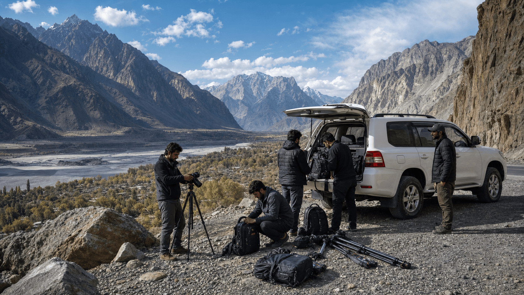 Photographers organizing camera bags and tripods beside a white four-wheel-drive vehicle in a Skardu mountain valley