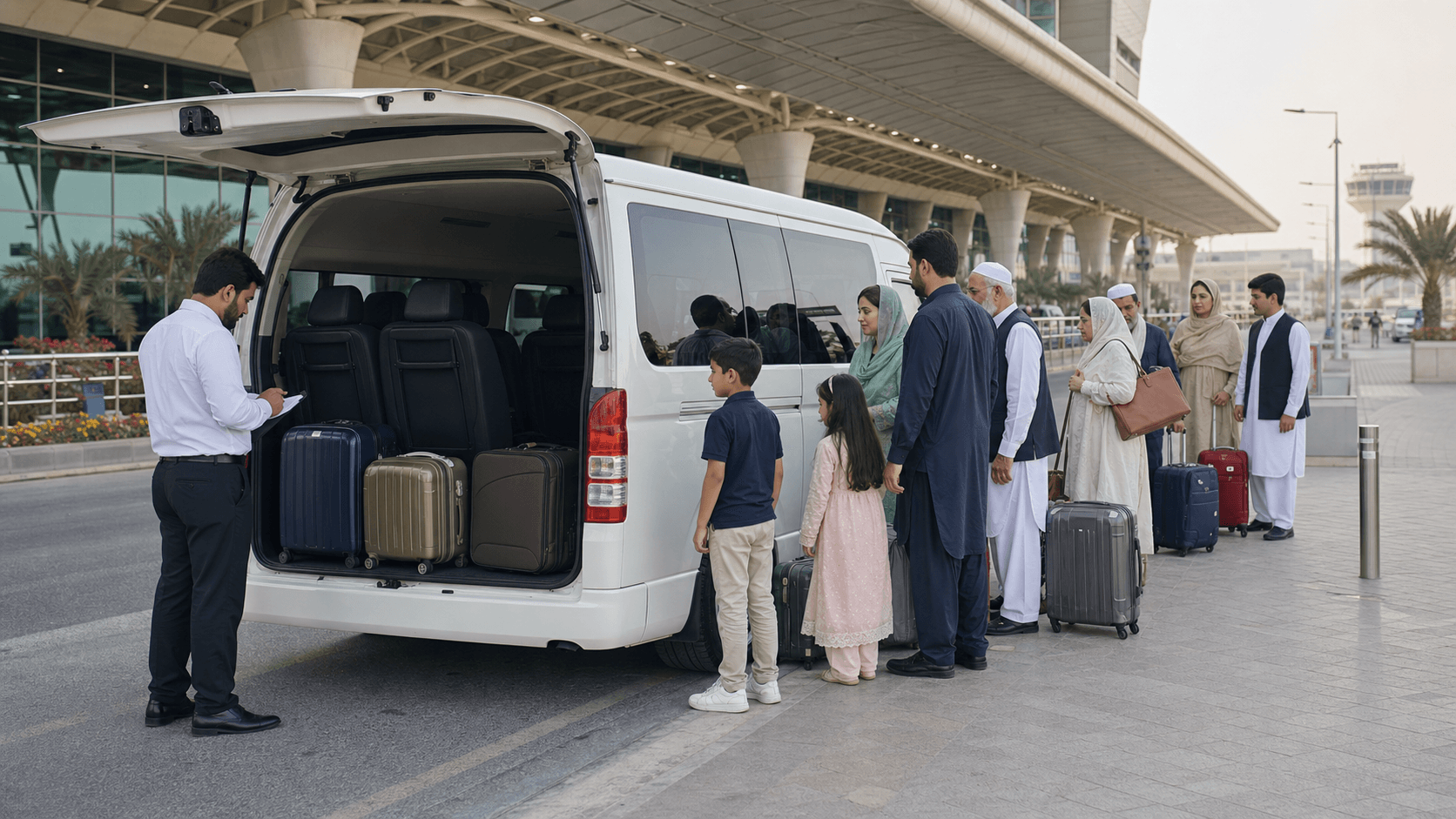Large Pakistani family and organized luggage beside a white passenger van at Islamabad airport departures